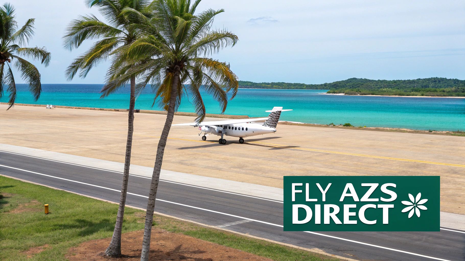 A small white airplane on a tropical airport runway next to a turquoise ocean and green palm trees under a blue sky, promoting direct flights.
