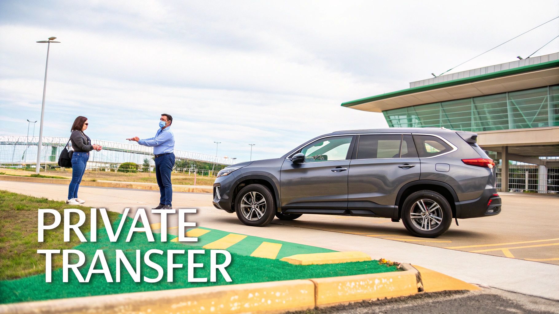 A man in a mask hands something to a woman next to a grey SUV, indicating a private airport transfer.