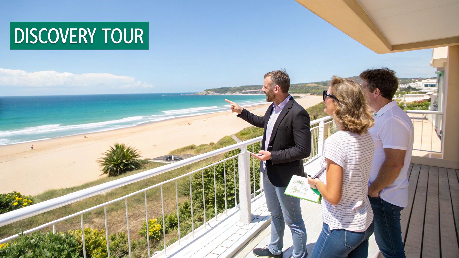 A real estate agent shows a couple a property with a stunning beach and ocean view from a balcony during a discovery tour.