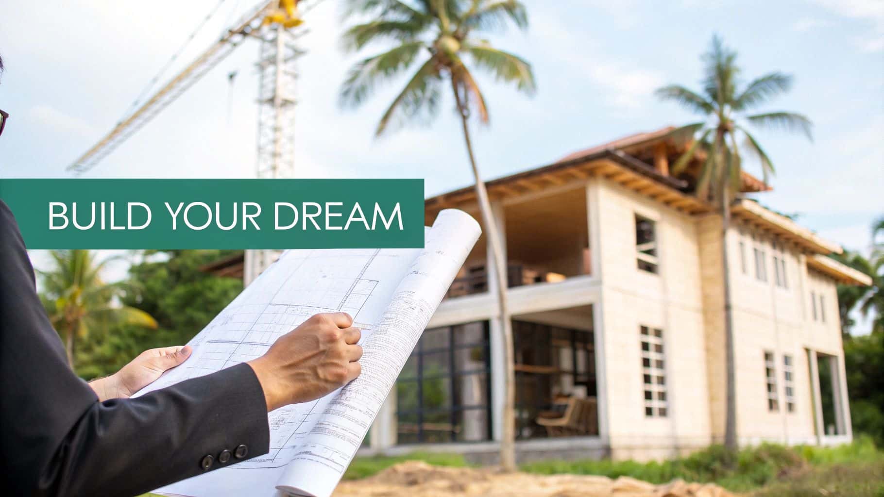 An architect reviews blueprints for a new house under construction with palm trees and a crane.