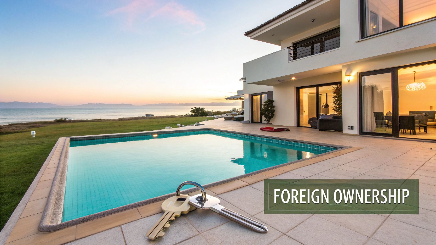 Luxury beachfront home with a swimming pool at sunset, featuring house keys and 'FOREIGN OWNERSHIP' text.