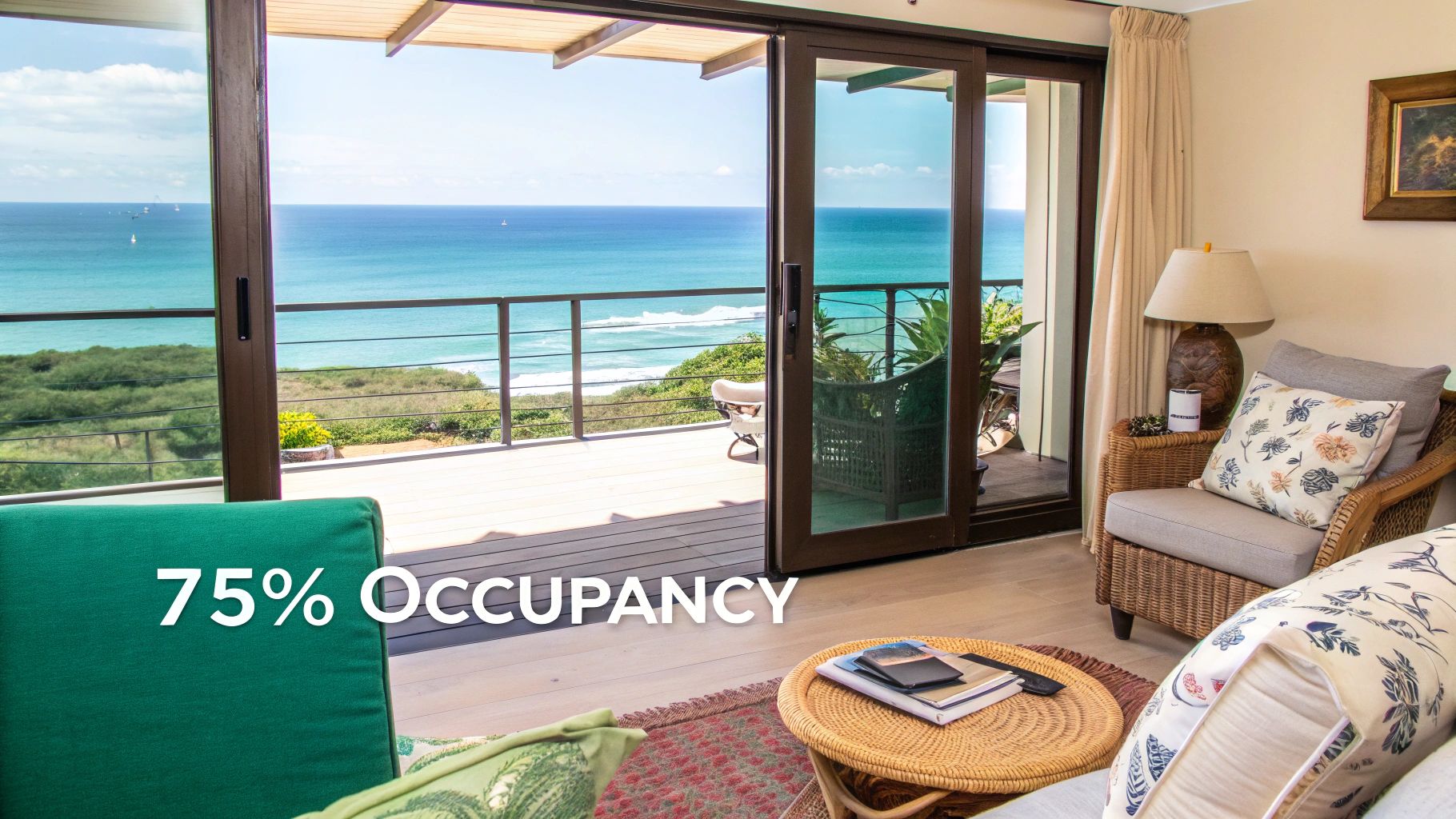 A bright living room overlooking the ocean, with a sofa, armchair, and balcony, showing '75% Occupancy' text.