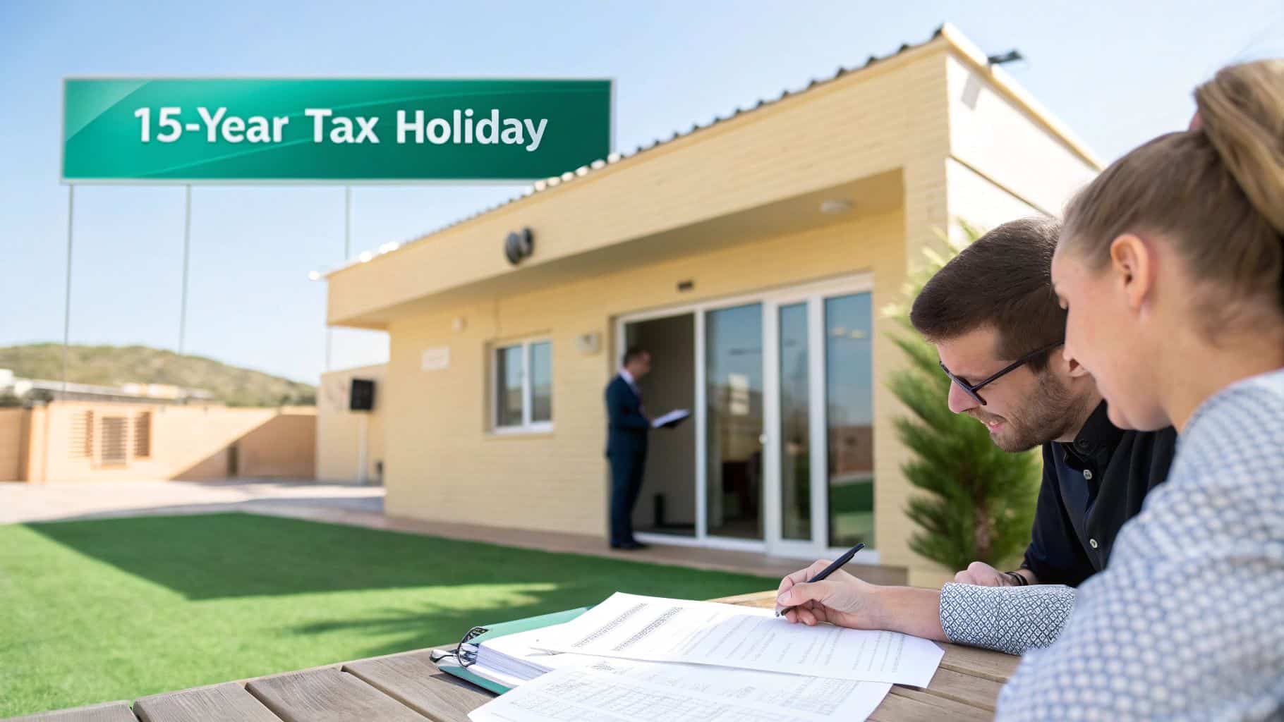 A couple signing documents at an outdoor table, with a '15-Year Tax Holiday' banner and a house in the background.