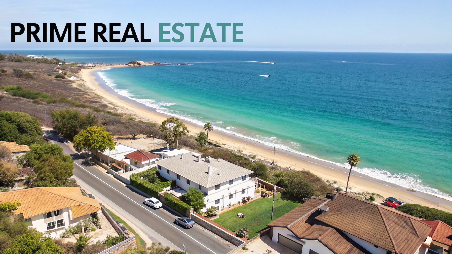 Aerial view of prime real estate properties along a beautiful sandy beach and ocean.
