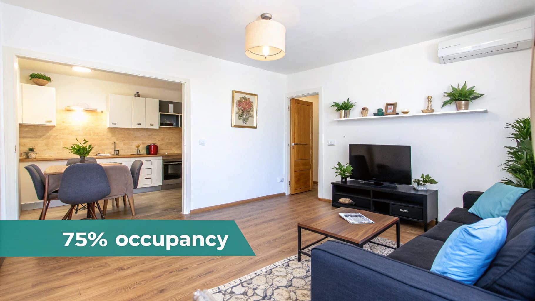 A modern open-concept living room and kitchen with a sofa, TV, dining table, and contemporary decor.