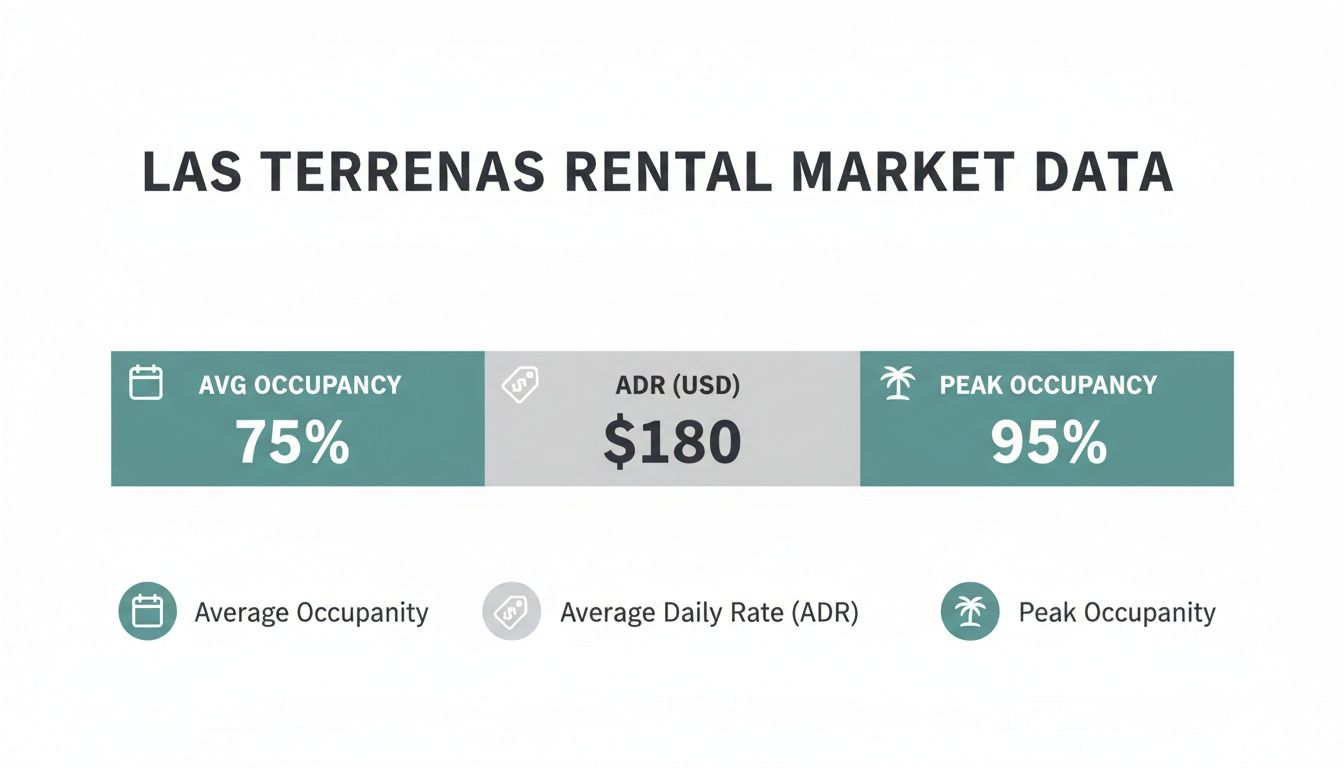 Las Terrenas rental market data showing average occupancy of 75%, ADR of 0, and peak occupancy of 95%.
