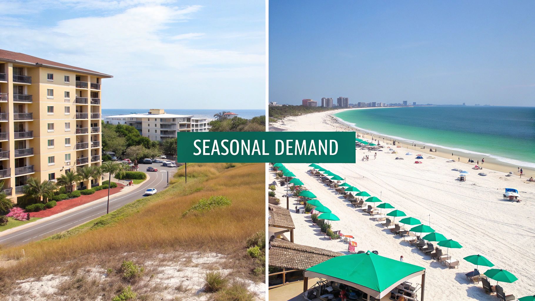 Coastal scene showing residential buildings, a road, and a vibrant beach with green umbrellas and people, highlighting seasonal demand.