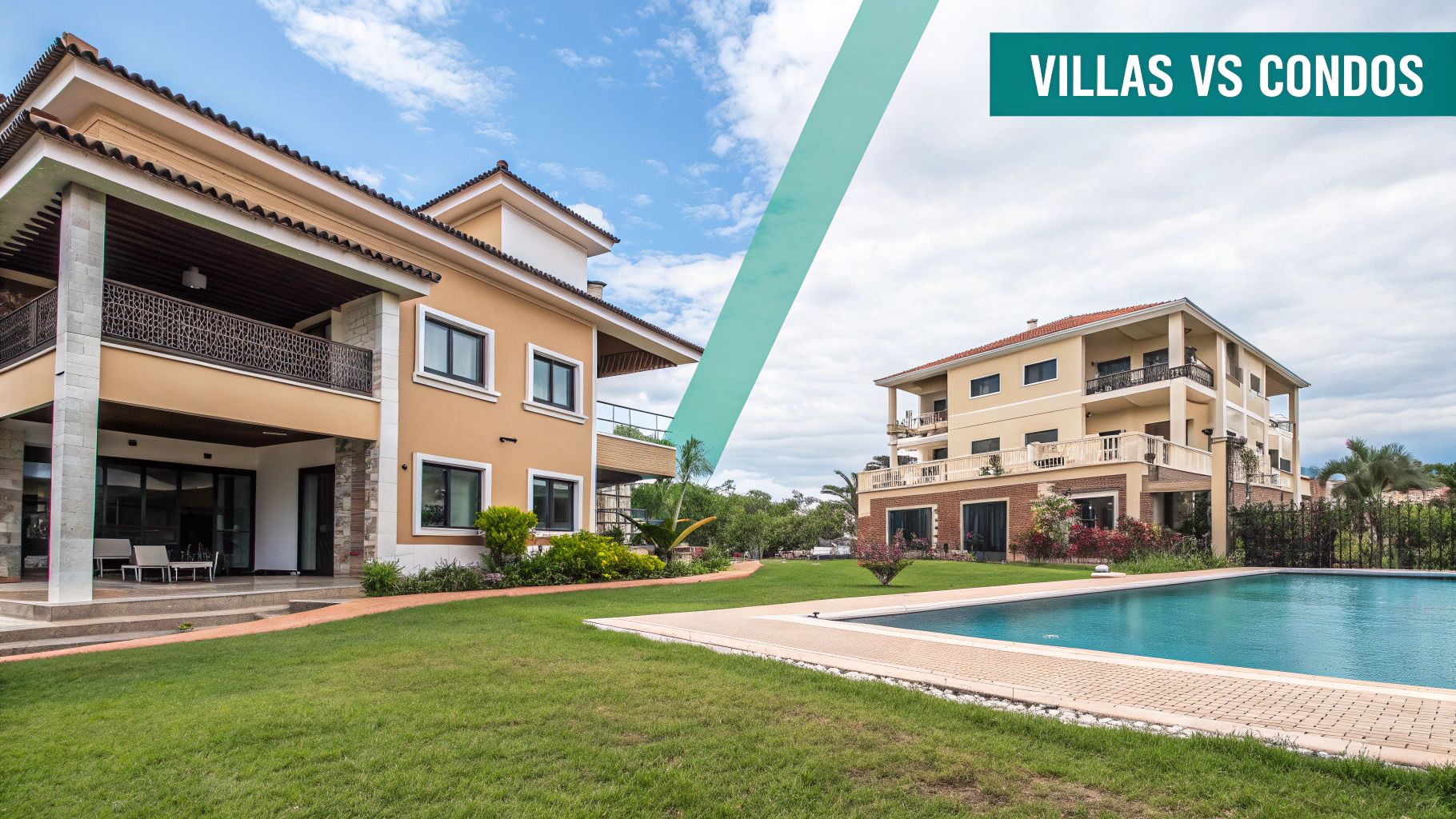 Two luxury multi-story homes, a swimming pool, and green lawn under a partly cloudy sky, discussing villas vs condos.