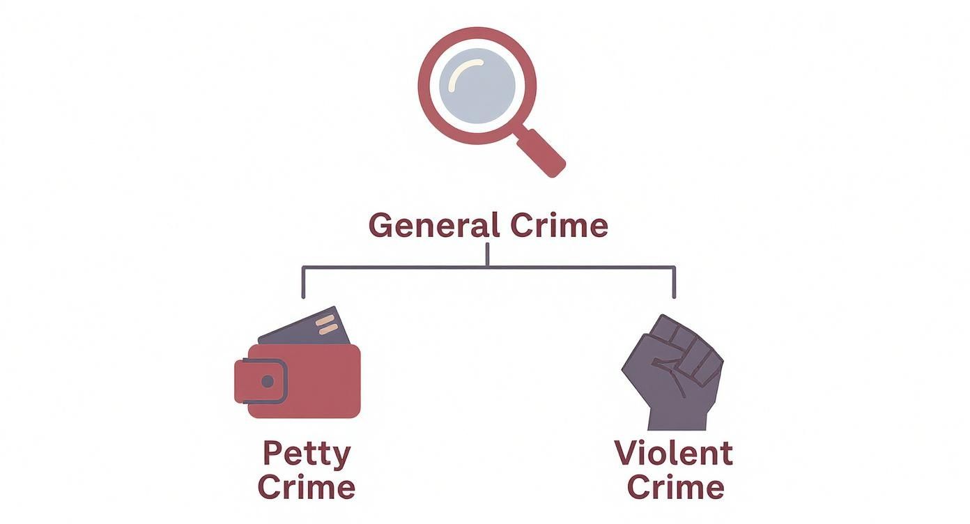 An infographic showing a magnifying glass labeled 'General Crime' branching into 'Petty Crime' (wallet) and 'Violent Crime' (fist).