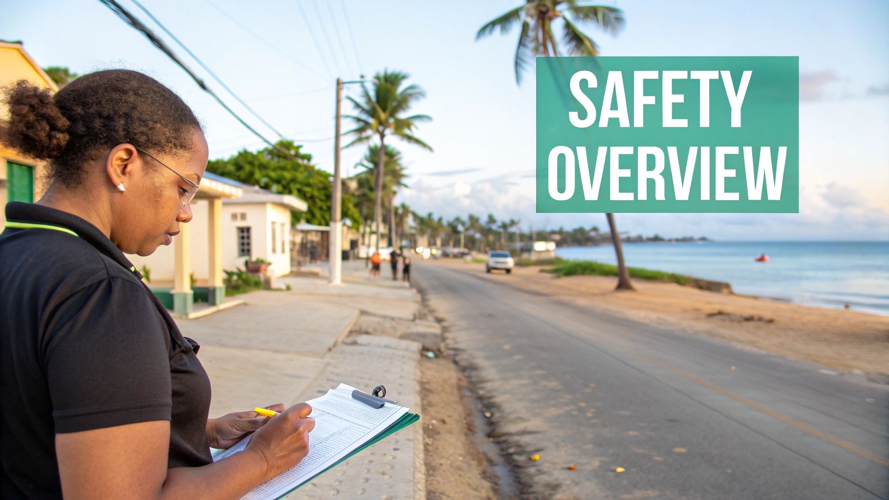 A woman writes on a clipboard near a tropical beach road with a 'SAFETY OVERVIEW' sign.