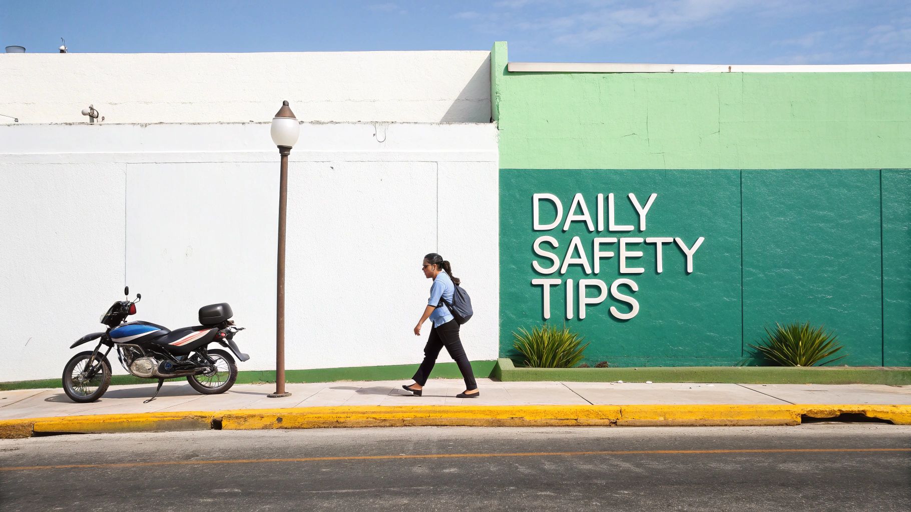 A person walks on a sidewalk past a building with 'DAILY SAFETY TIPS' and a motorcycle.
