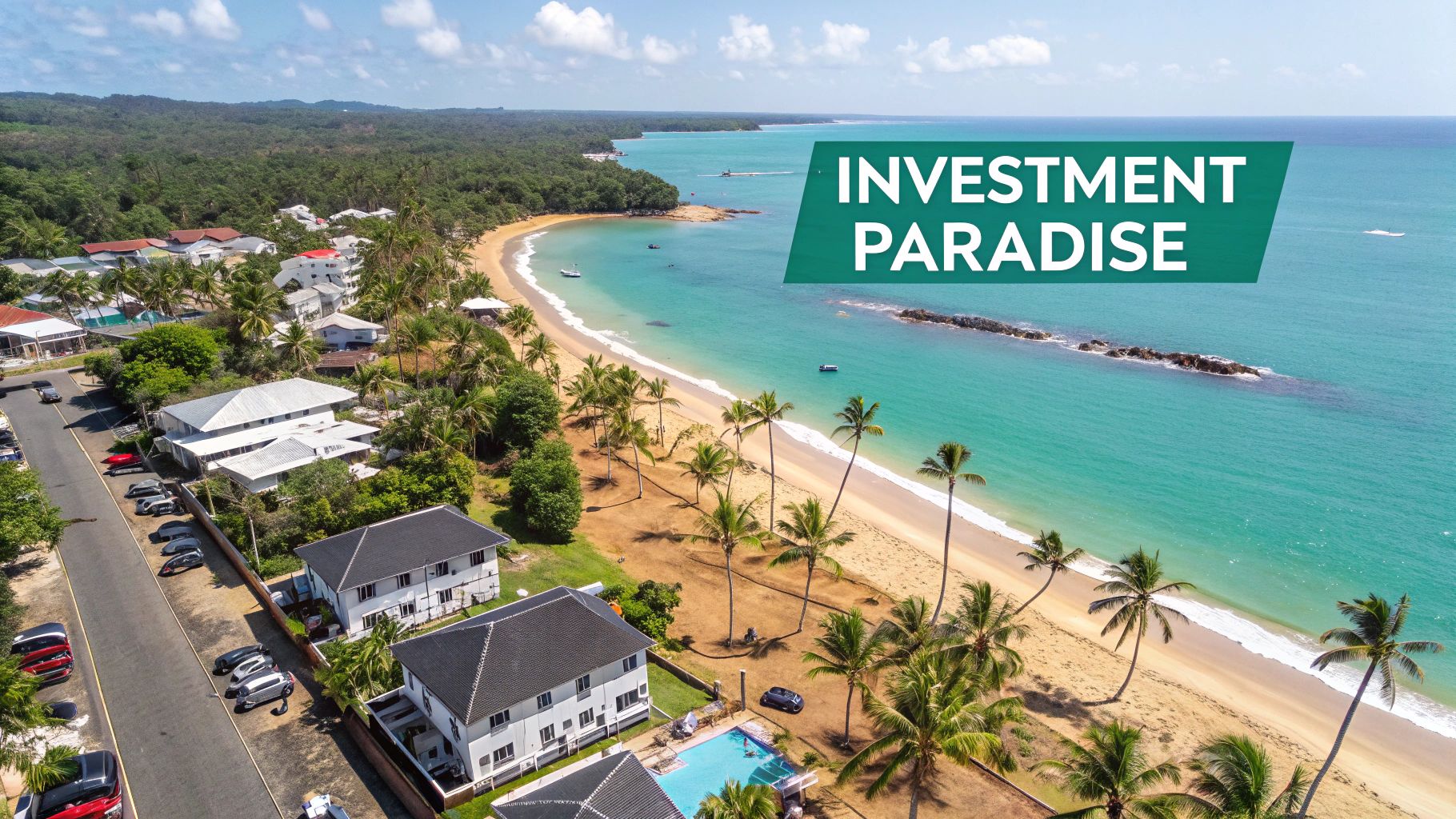 Vista aérea de una vibrante ciudad turística de playa tropical con casas, palmeras y océano turquesa, que muestra 'PARAÍSO DE INVERSIÓN'.
