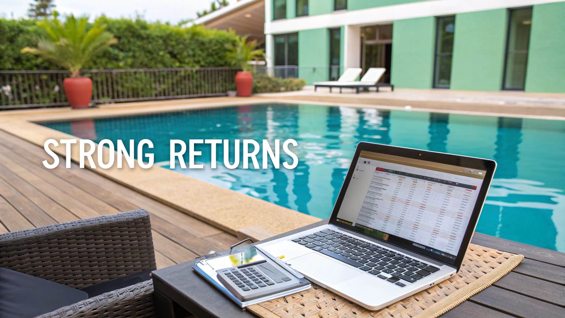 Una computadora portátil y una calculadora sobre una mesa al lado de una piscina, con el texto 'FUERTES RETORNOS'.