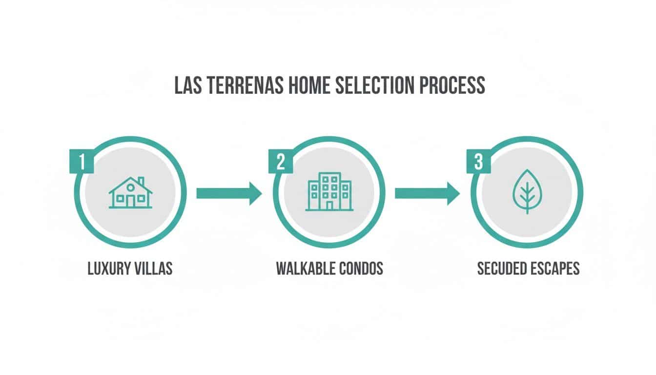 Infografía que ilustra el proceso de selección de viviendas en Las Terrenas con villas de lujo, condominios transitables y escapadas apartadas.