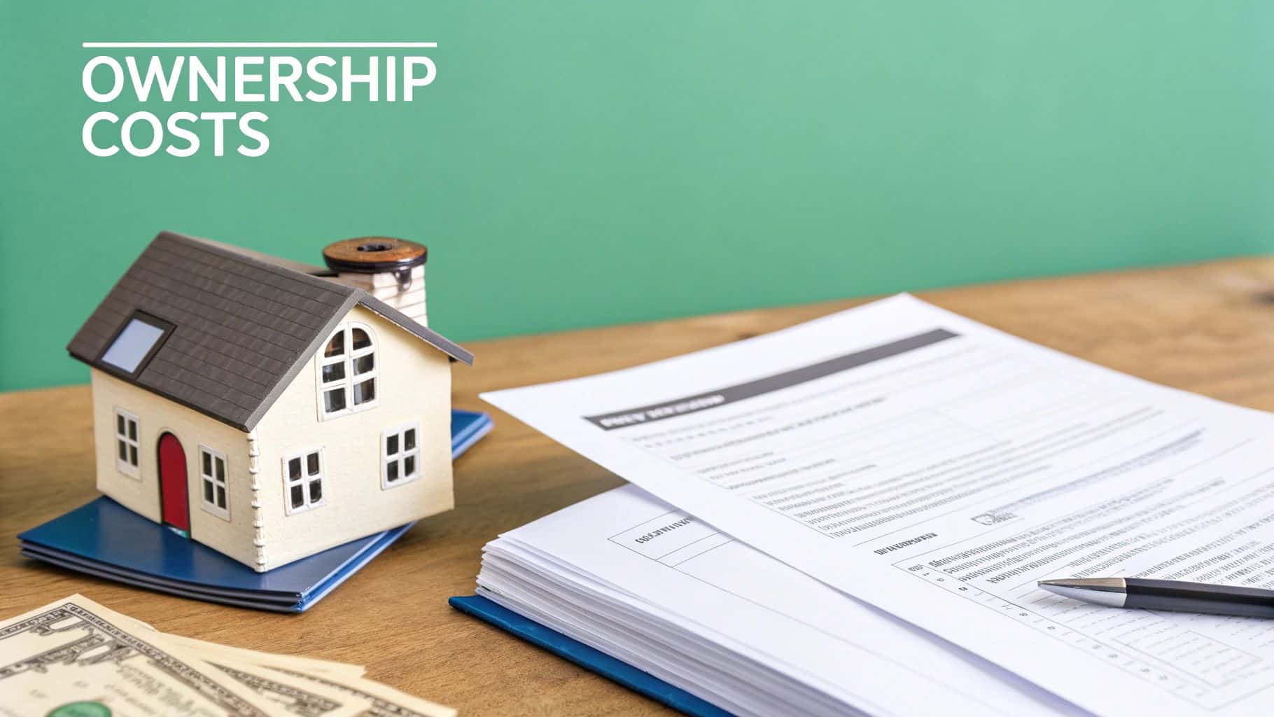 Model house, money, and paperwork on a desk highlighting "OWNERSHIP COSTS" on a green background.