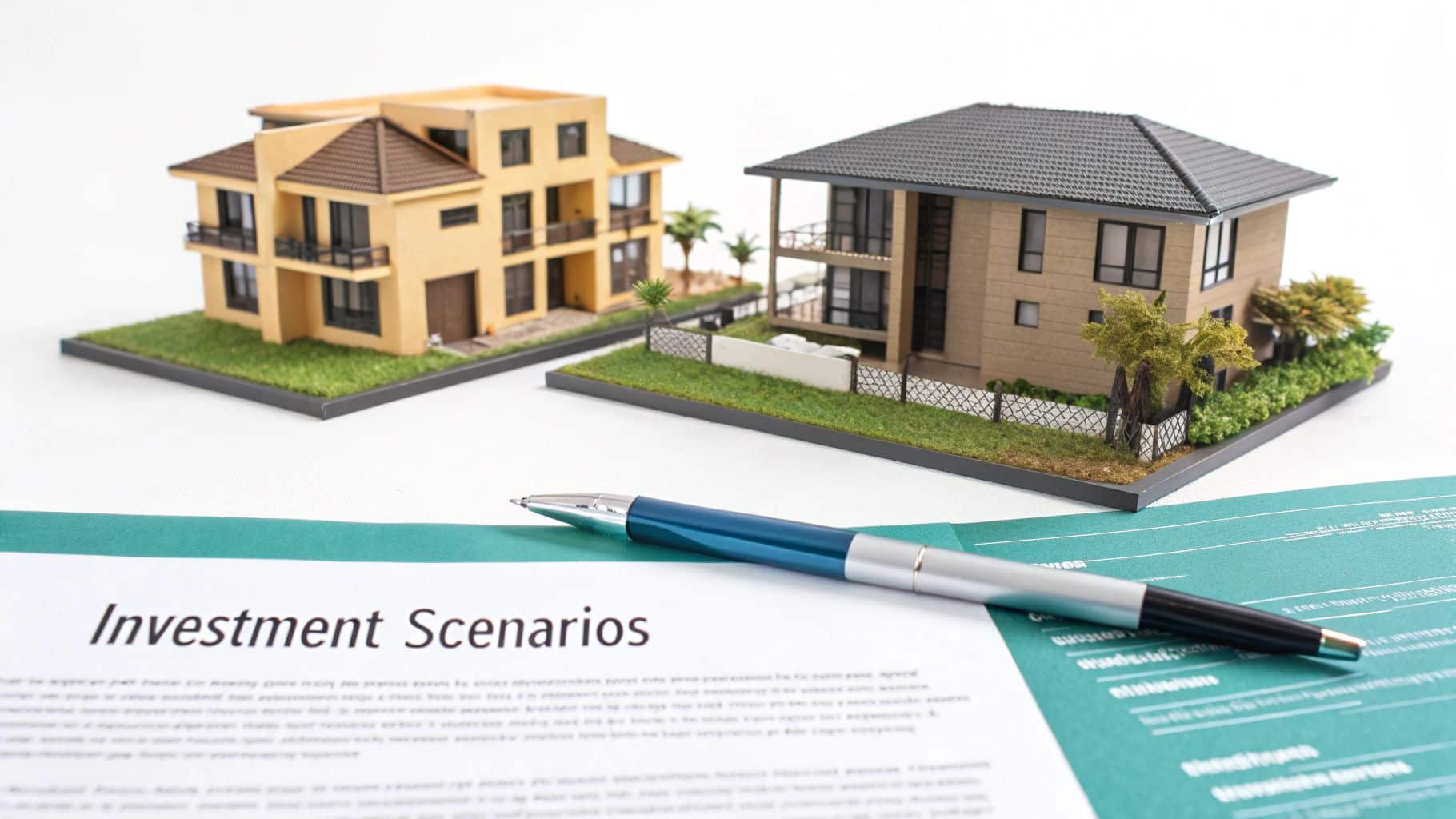 Two miniature house models, a pen, and an 'Investment Scenarios' document, representing real estate investment.