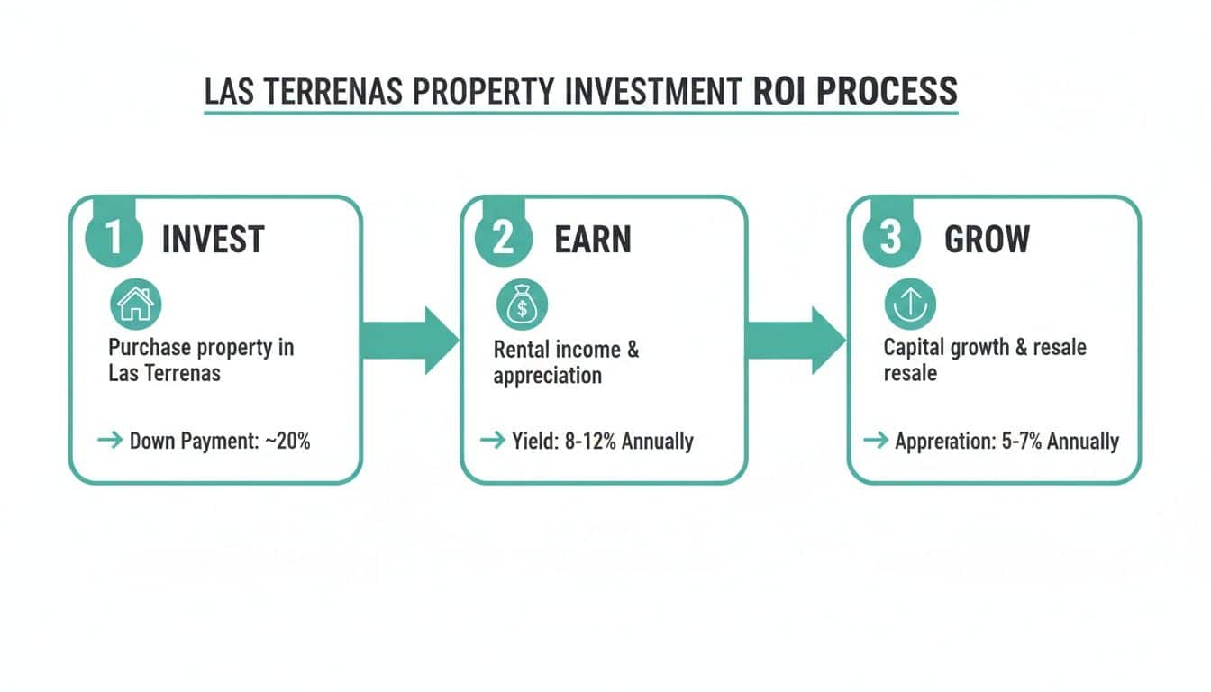 Visual diagram detailing the Las Terrenas property investment ROI process, outlining steps to invest, earn, and grow wealth.