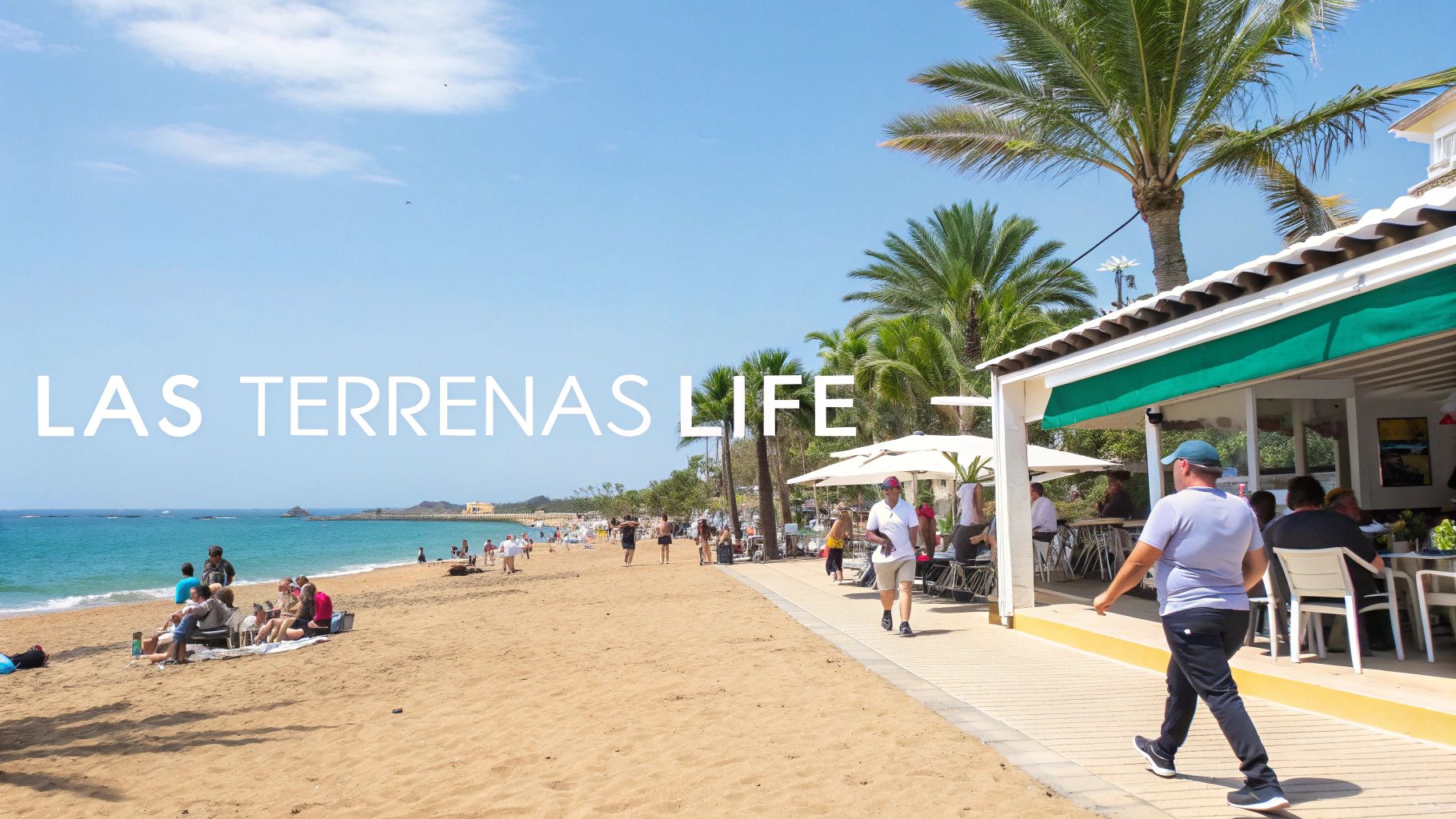 A vibrant beach scene with people enjoying the sand, ocean, and a lively beachside restaurant under a blue sky.