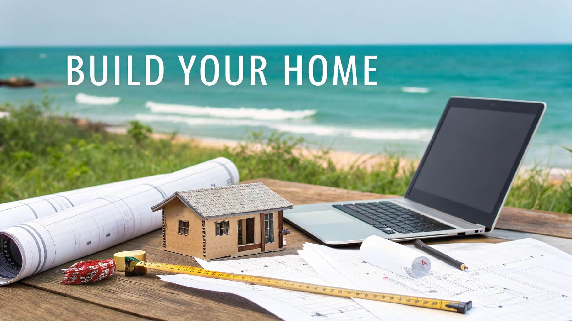 A small house model, blueprints, and a laptop on a table with a beach view, text "BUILD YOUR HOME".