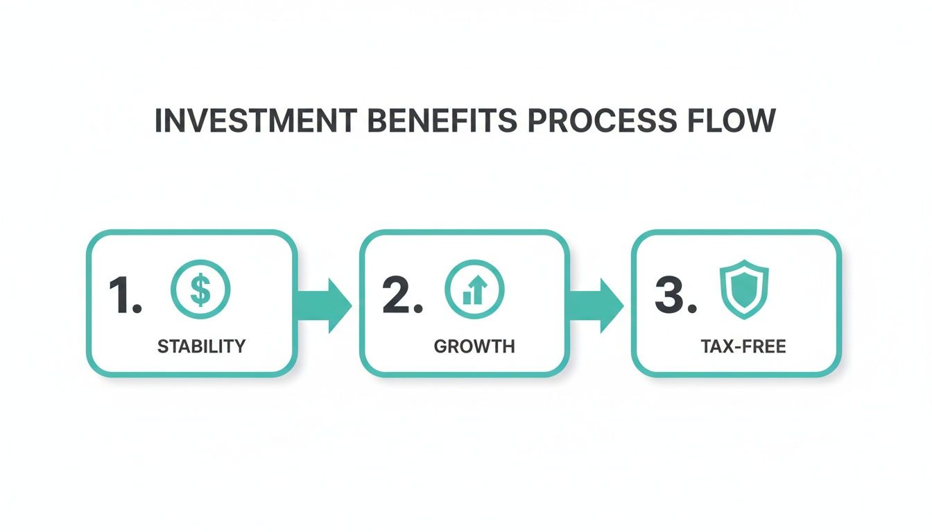 Investment benefits process flow diagram illustrating stability, growth, and tax-free advantages in three steps.