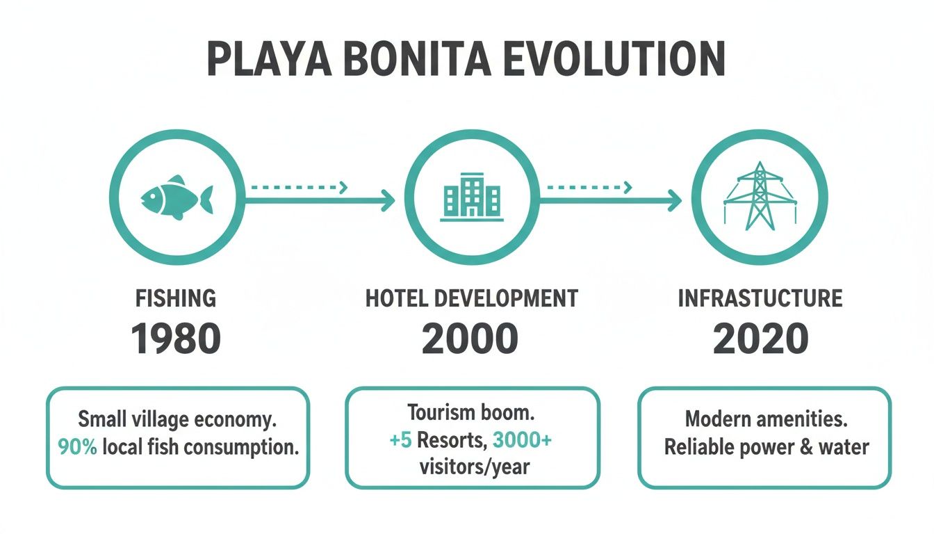 Infographic illustrating Playa Bonita's coastal development from a 1980 fishing village to a 2020 tourist hub.