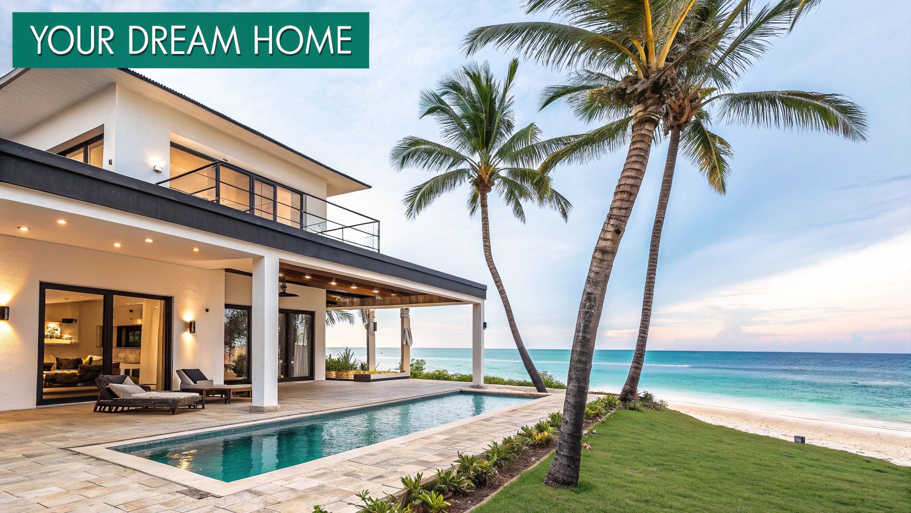 A stunning modern dream home with a private pool, palm trees, and direct access to a beautiful beach.