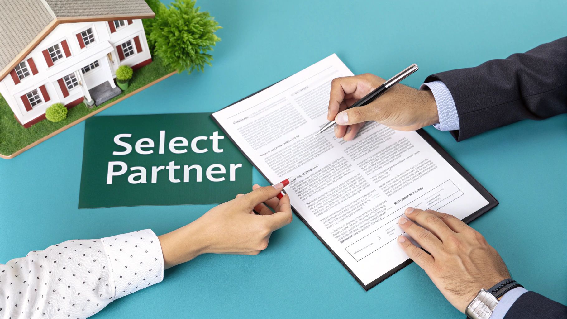 Two people's hands signing a property document, with a miniature house model and 'Select Partner' sign.