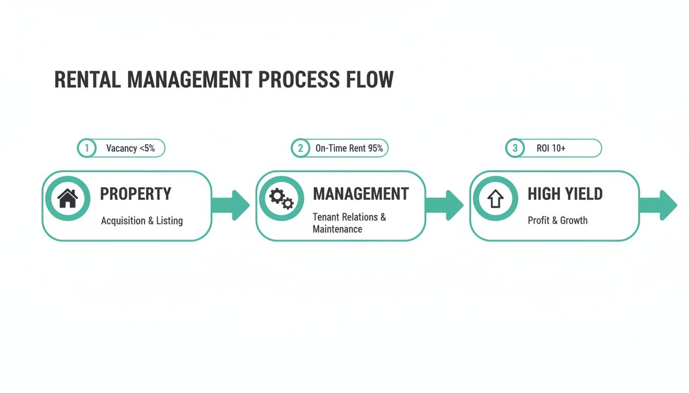 Flowchart detailing rental management process: property, management, and high yield with key performance indicators.
