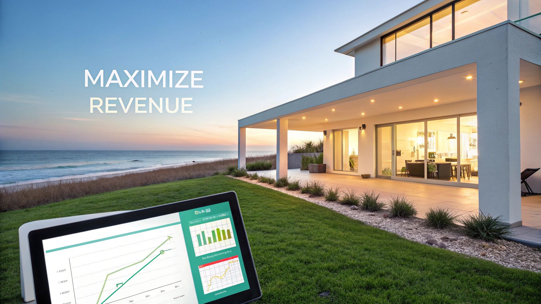 A modern beachfront house at sunset with a tablet displaying financial growth charts on green grass.
