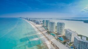 Aerial view of the Cancun hotel zone with turquoise Caribbean water
