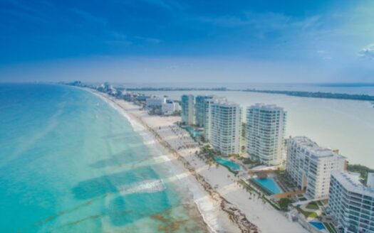 Aerial view of the Cancun hotel zone with turquoise Caribbean water