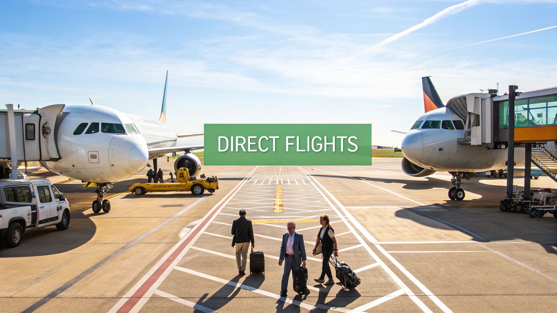An airport tarmac with two passenger airplanes at gates, people walking with luggage, and a banner saying 'DIRECT FLIGHTS'.