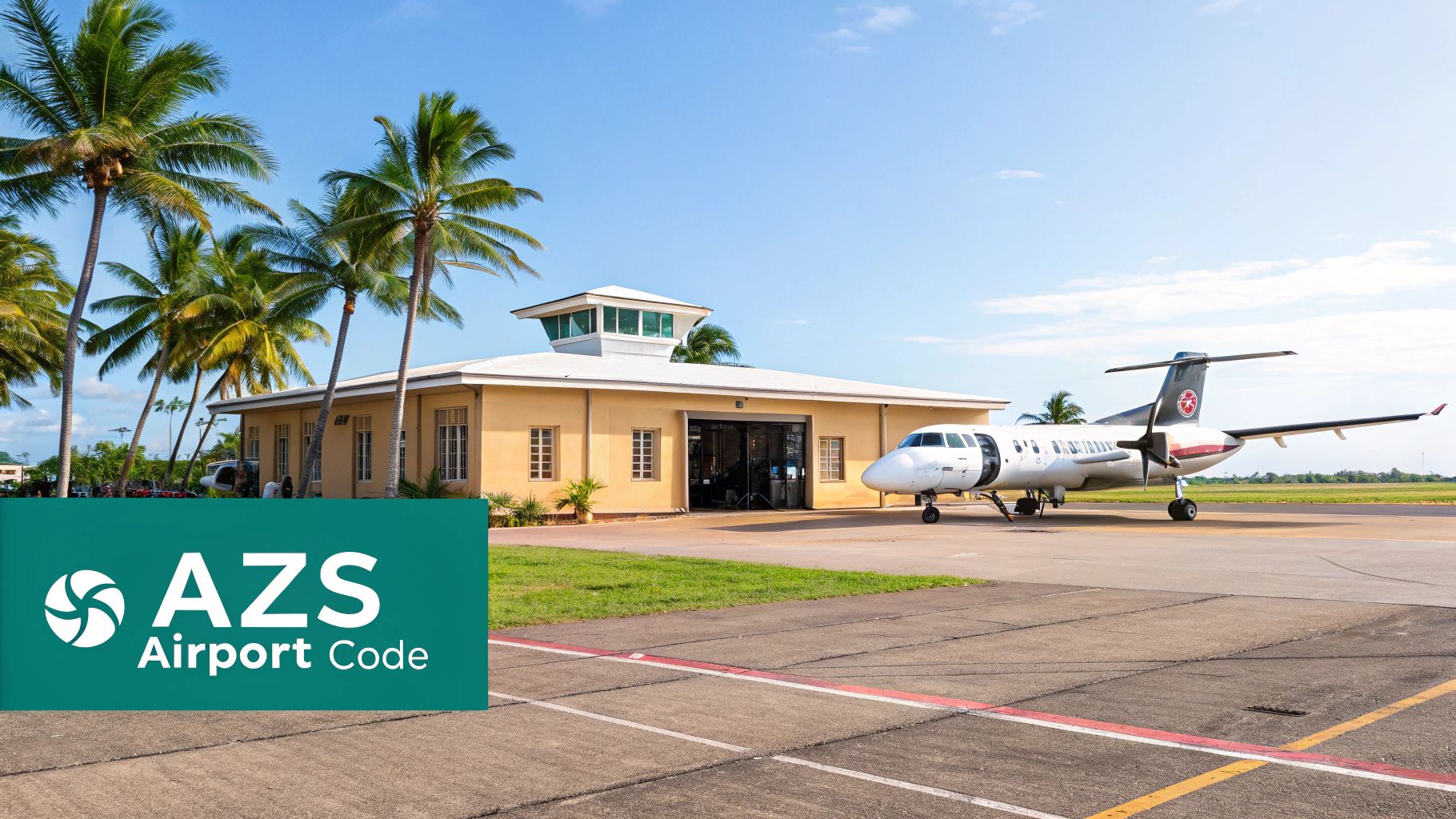 Small airport terminal with a control tower, surrounded by palm trees, and a propeller plane on the tarmac, displaying the AZS Airport Code.