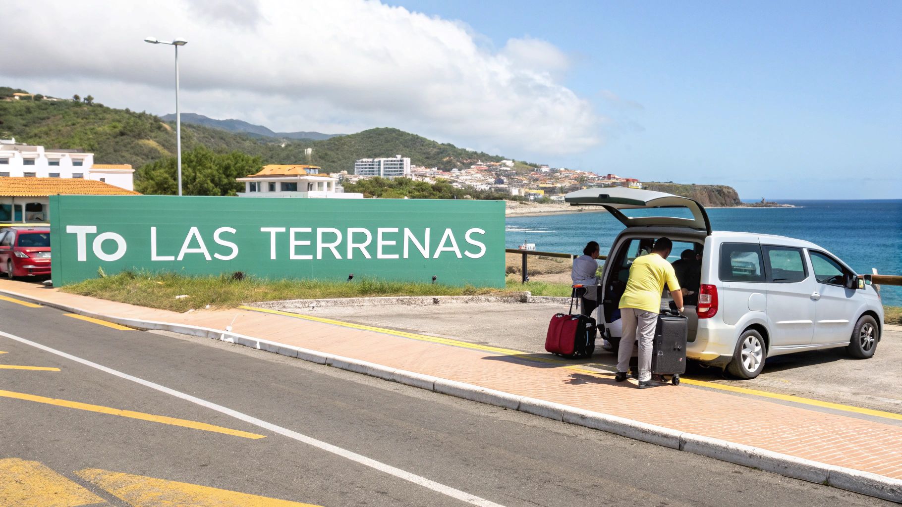 A green sign "TO LAS TERRENAS" stands by a van where people load luggage near the ocean.