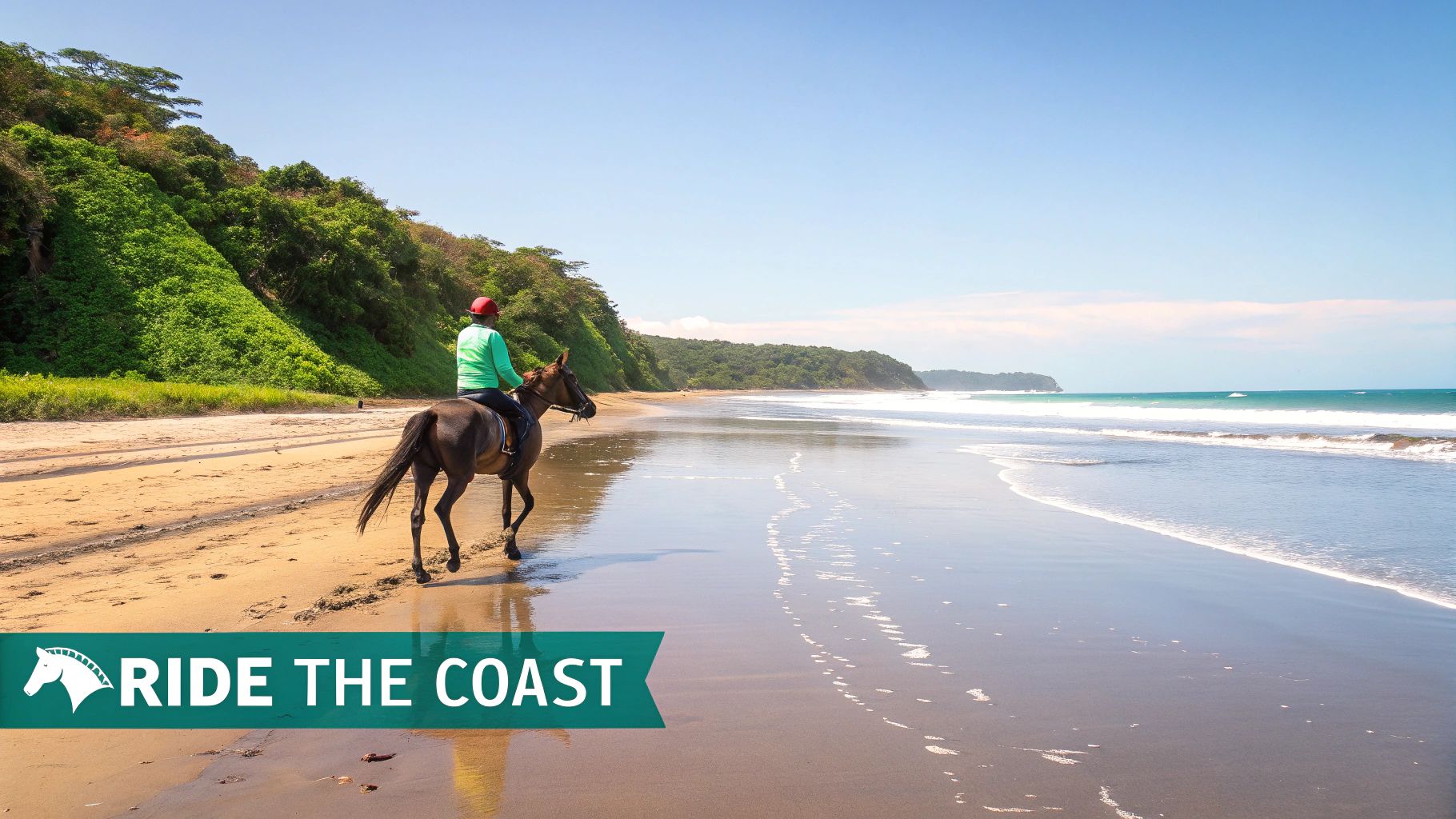 Person riding a horse on a sunny tropical beach next to the ocean, with green hills.