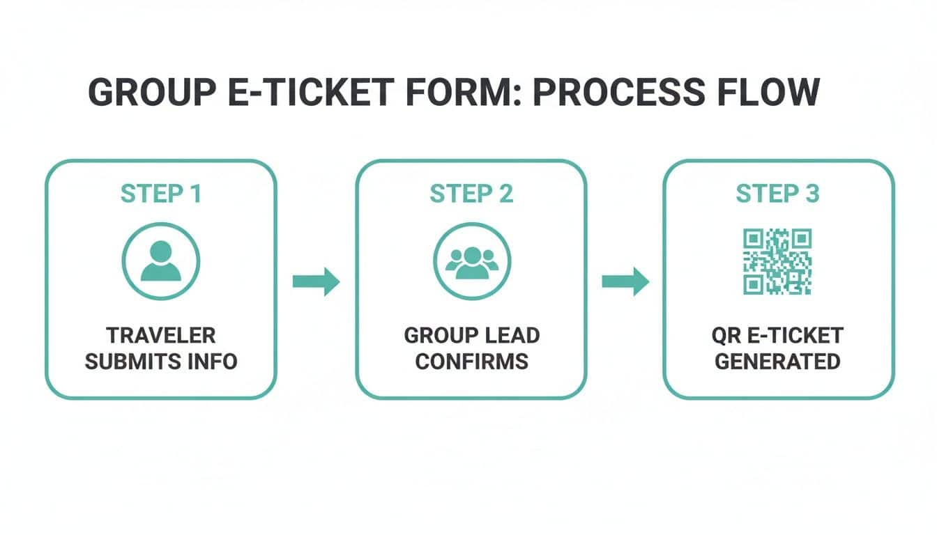 Process flow for group e-ticket form showing three steps: traveler submits, group lead confirms, and QR ticket generated.