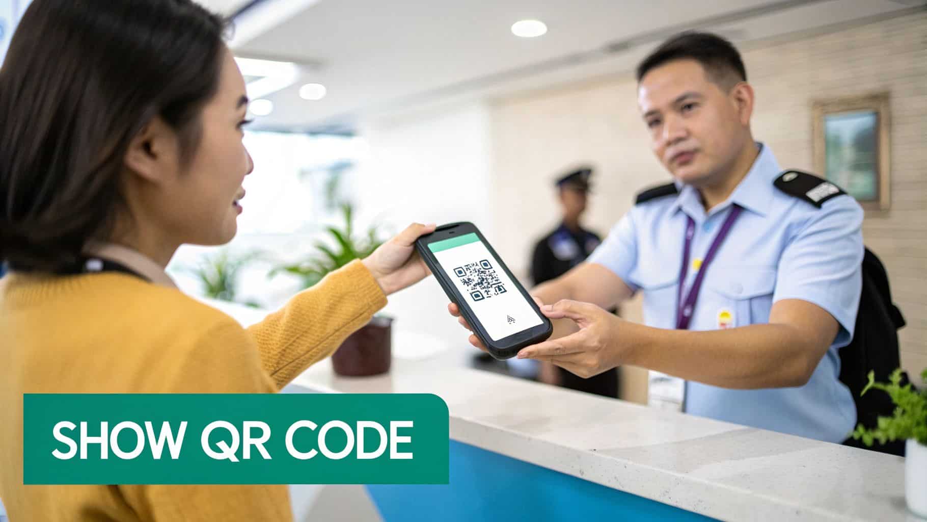 A woman presents her smartphone displaying a QR code to a uniformed man at a service counter.