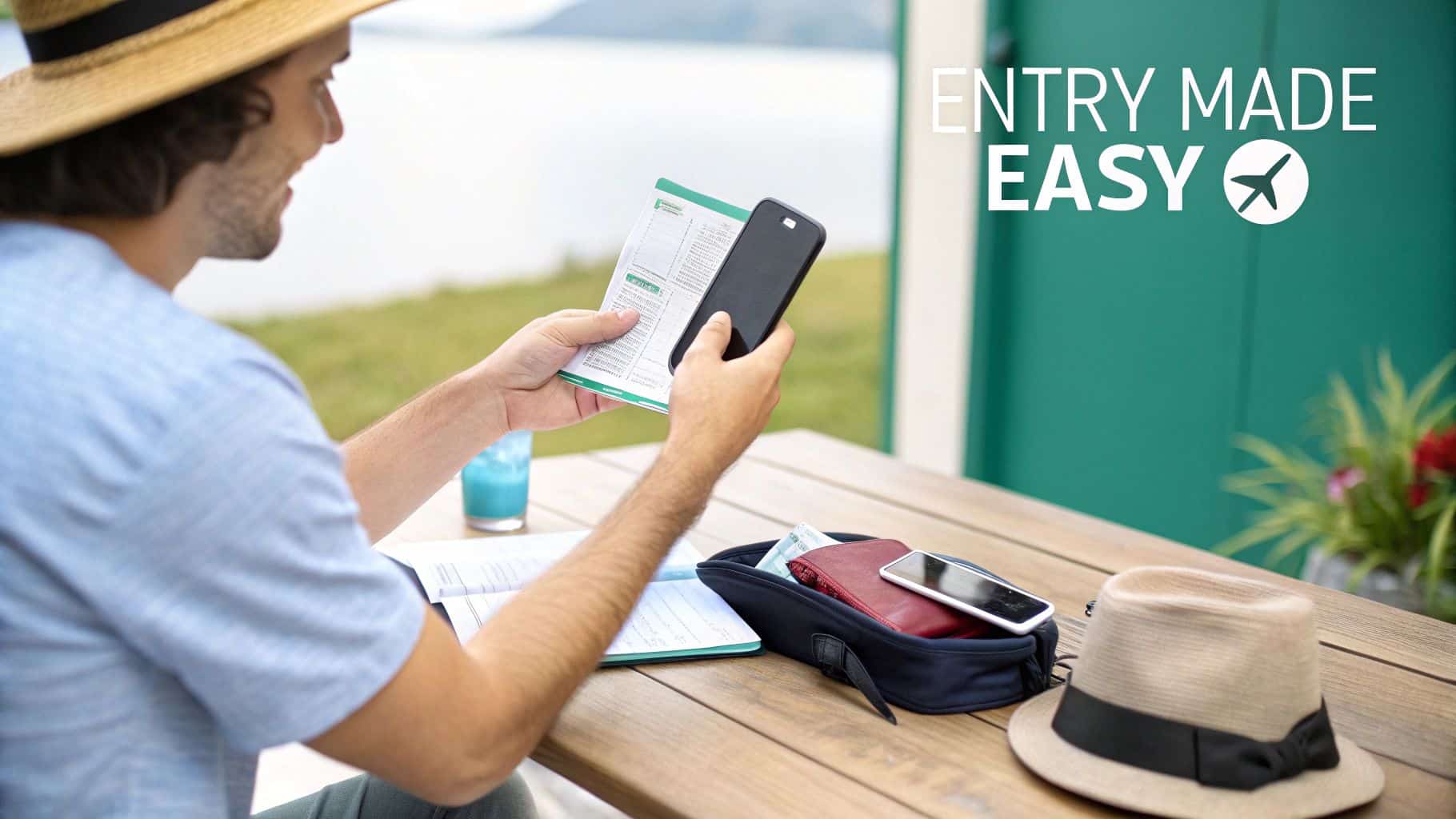 A man sitting outdoors, using a smartphone and green booklet to prepare for travel.