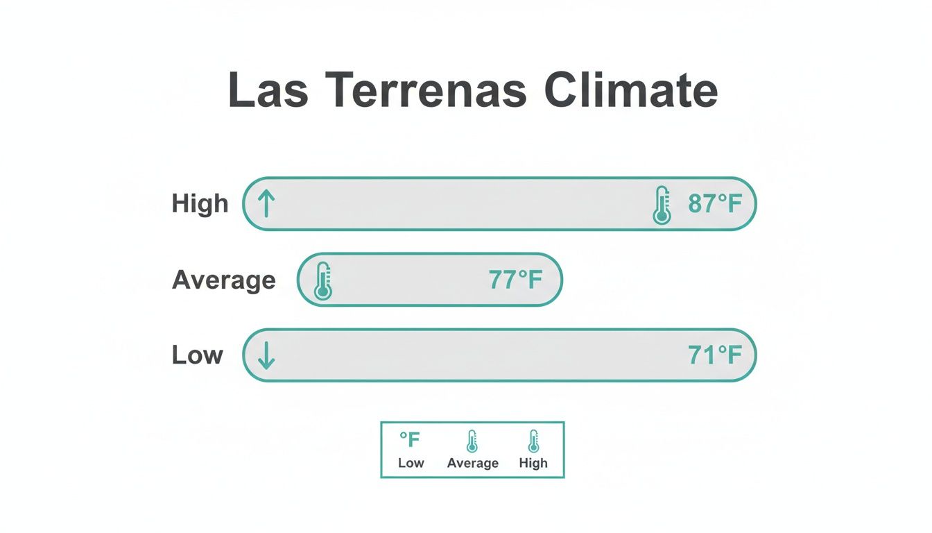 Climate data for Las Terrenas, showing high 87°F, average 77°F, and low 71°F temperatures.
