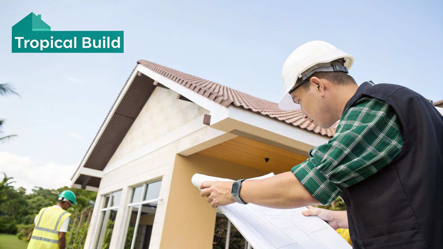 Construction worker in a hard hat reviews blueprints at a tropical house build site.