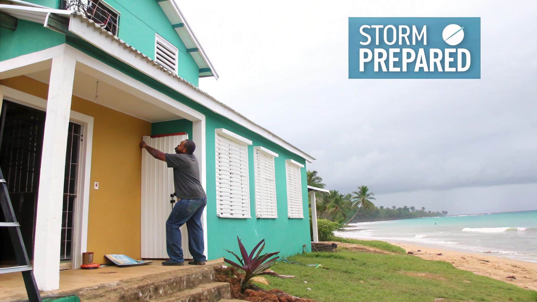 A man installs storm shutters on a house near the beach under a cloudy sky, with a "STORM PREPARED" logo.