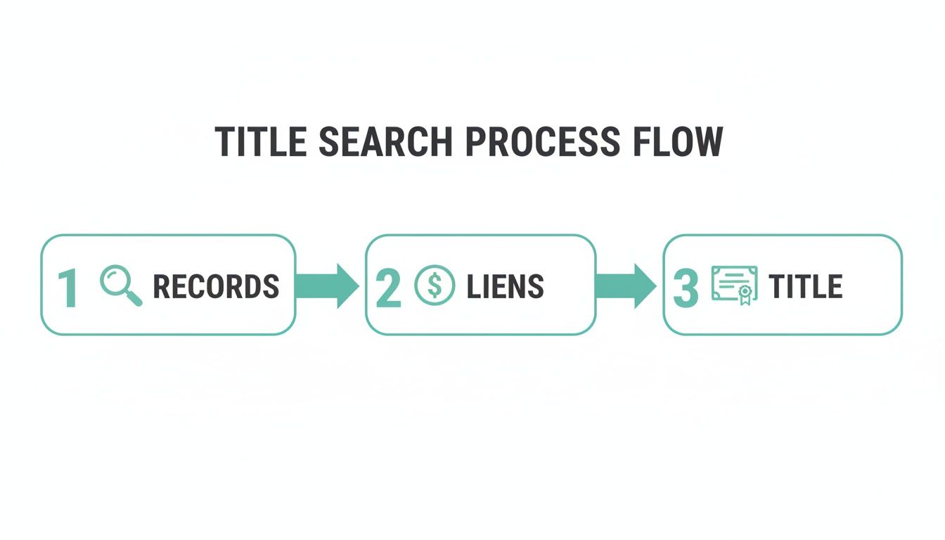Flowchart illustrating the three-step title search process, from records and liens to the final title.