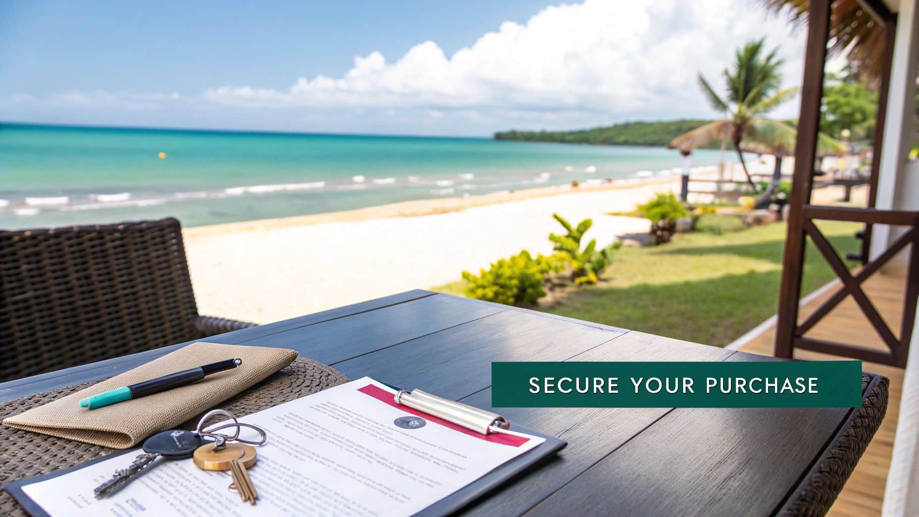 Beachfront view from a balcony table with keys and a document, suggesting a property purchase.