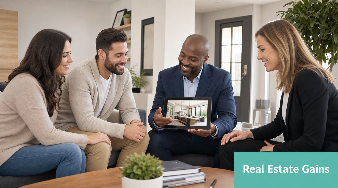 A professional real estate agent showing a virtual home tour on a tablet to a happy couple.