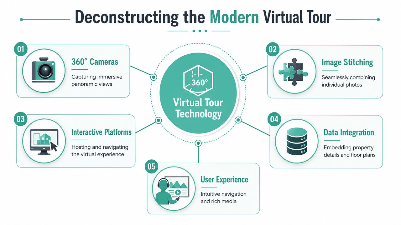 An infographic titled Deconstructing the Modern Virtual Tour explaining five key technologies used for virtual real estate tours.